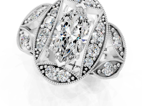 White gold Marquise Diamond Milgrain Marquise Filigree Engagement Ring with Prong Setting