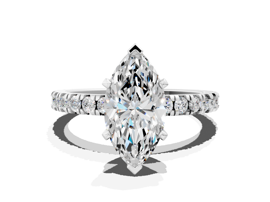 White gold Marquise Diamond Pavé Band Solitaire with Four-Prong Setting_260