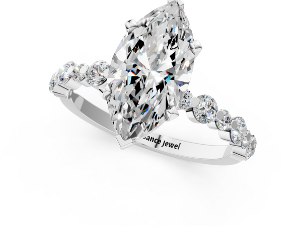 14K White Gold 2.01 Carat E VVS2 Marquise Diamond Prong Set Engagement Ring with Pavé Band