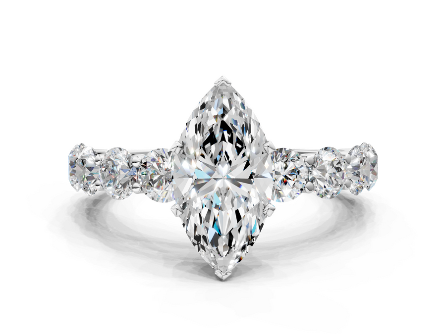 White gold Marquise Cut Diamond Prong Setting with Side Stones on a Pave Band