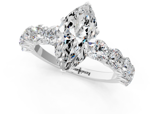 White gold Marquise Cut Diamond Prong Setting with Side Stones on a Pave Band