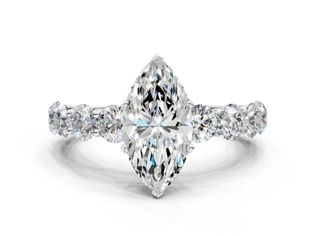 White gold Marquise Diamond Prong Setting with Side Stones on a Pave Band_176