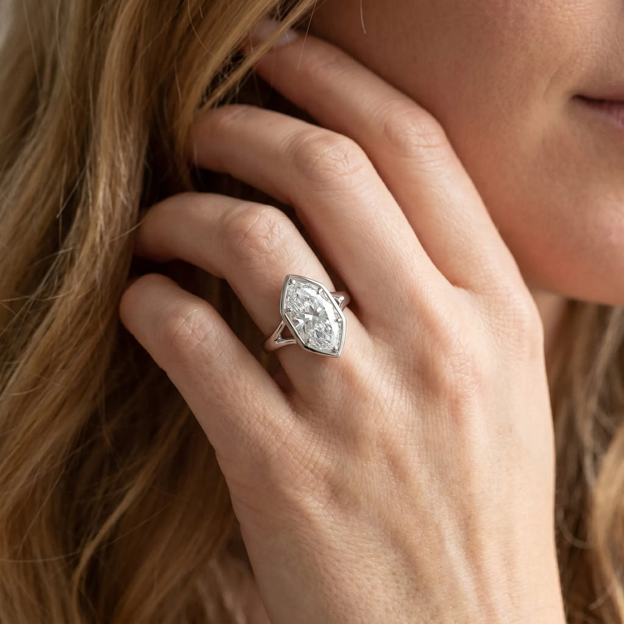 White gold Marquise Diamond Solitaire Ring with Bezel Setting and Classic Band