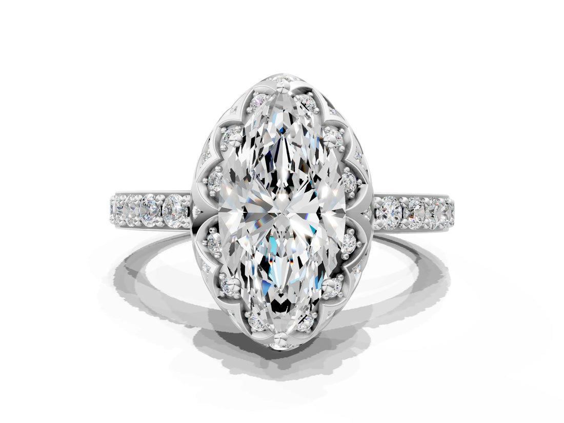 White gold Marquise Diamond Solitaire Ring with Shared Prong Pavé Band_54