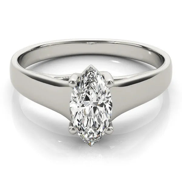 White gold Marquise Diamond Solitaire Ring with Tapered Band and Prong Setting