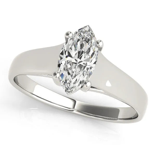White gold Marquise Diamond Solitaire Ring with Tapered Band and Prong Setting