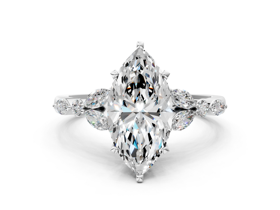 White gold Marquise Diamond Solitaire with Side Stones on a White Gold Band and Six-Prong Setting