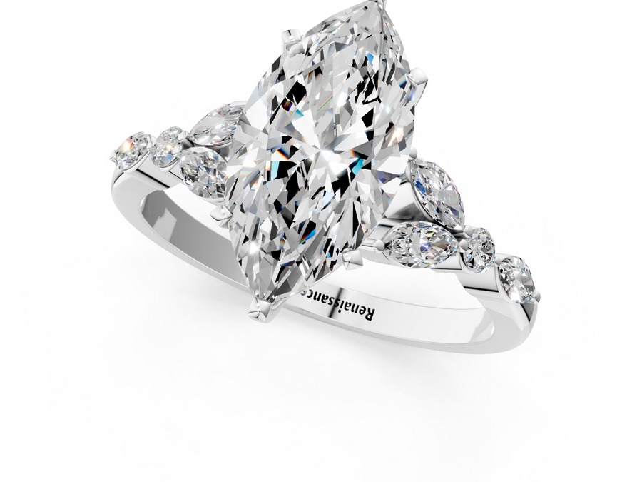White gold Marquise Diamond Solitaire with Side Stones on a White Gold Band and Six-Prong Setting
