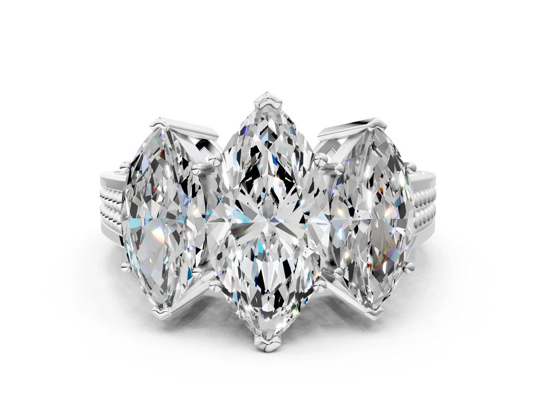 White gold Marquise Diamond Three-Stone Ring with Prong Setting and Textured Band_6