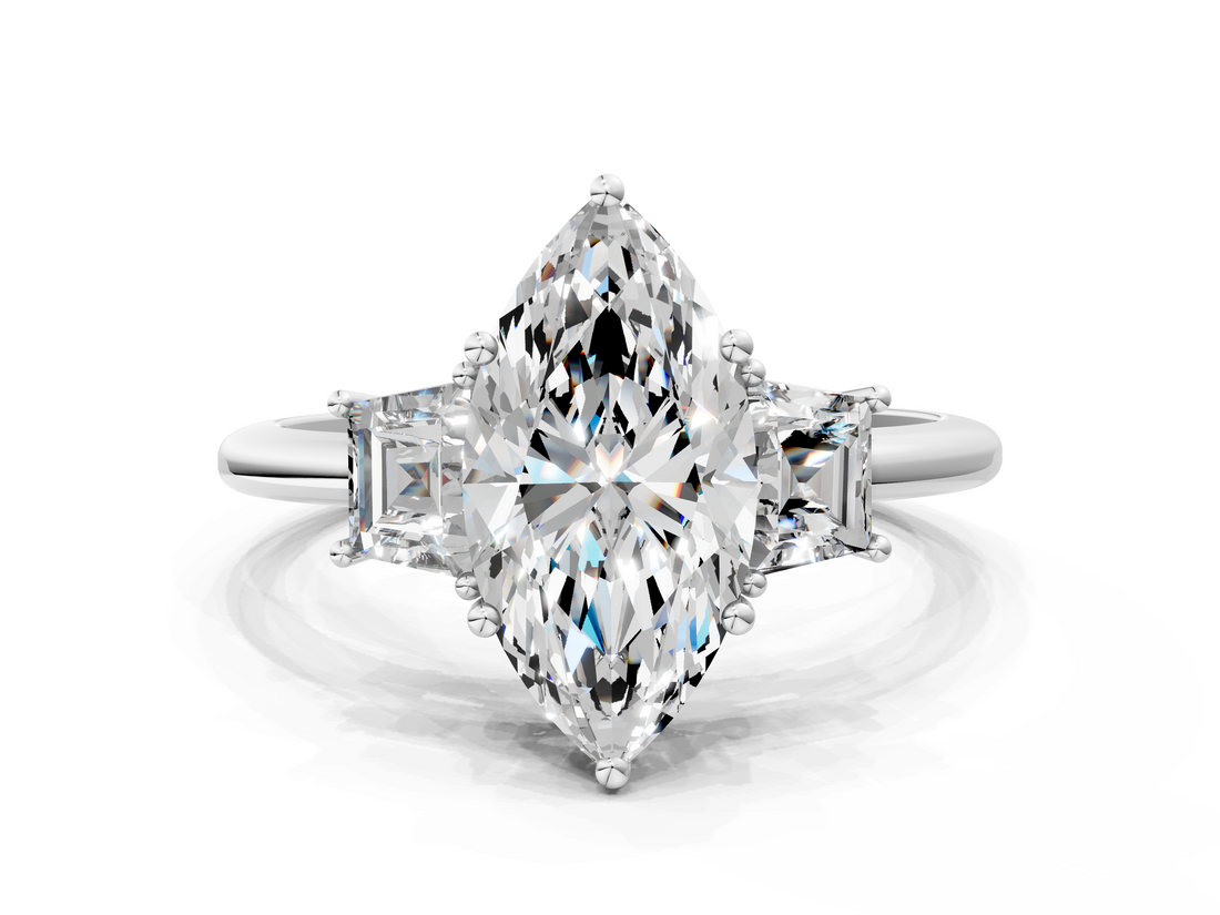 White gold Marquise Diamond Three-Stone Ring with Trapezoid Side Stones and Prong Setting_23