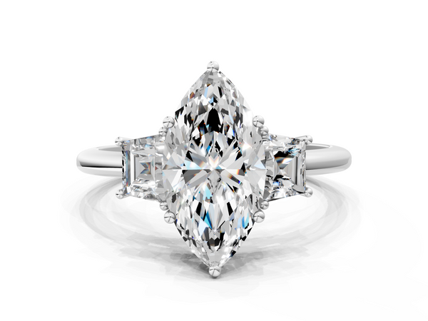 White Gold Marquise Three Stone Engagement Ring Setting with Trapezoid Side Stones and Prong Head
