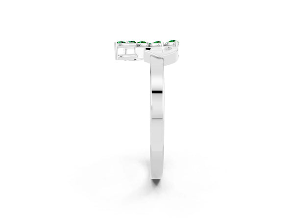 Platinum Round Lab-Grown Emerald Floral Leaf Cluster Wedding Band with Curved Stem