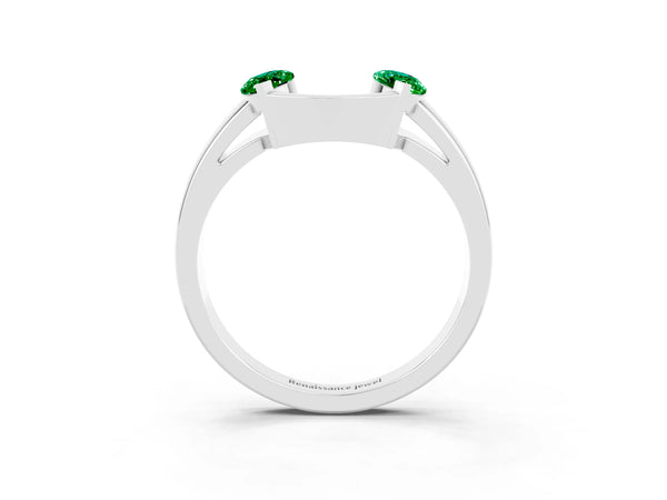 Sterling Silver Marquise Lab-Grown Emerald Open Curved Wedding Band with Rim and Tip Holders