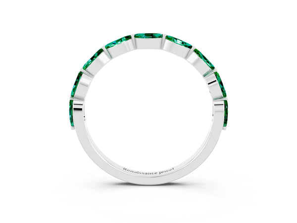 Platinum Marquise Lab-Grown Emerald Half Eternity Wedding Band with Prong Setting