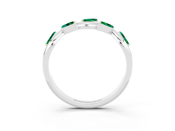 Platinum Marquise Lab-Grown Emerald Twisted Vine Wedding Band with Leaf-Set Stones