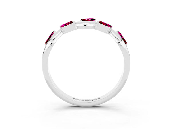 Platinum Marquise Garnet Twisted Vine Wedding Band with Leaf-Set Stones