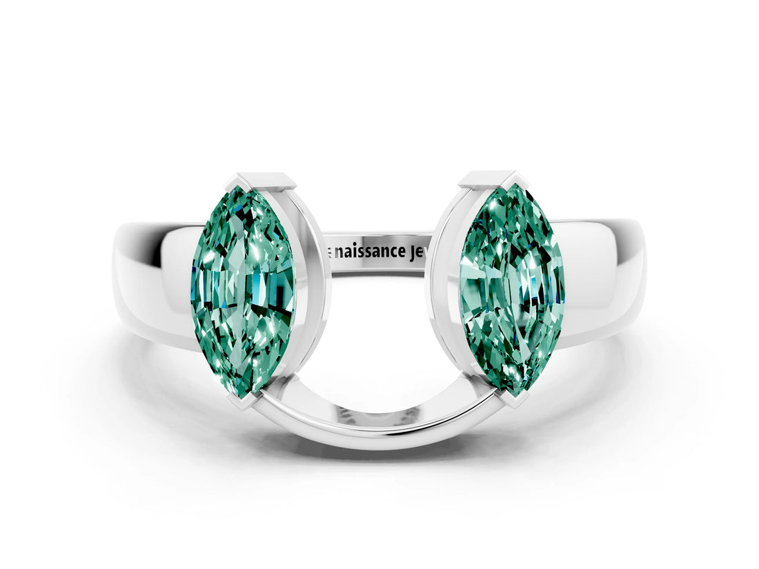 White gold Marquise Green Sapphire Open Band Ring with Tension Setting_18