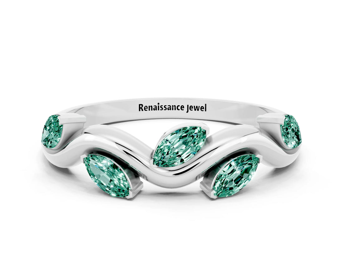 White gold Marquise Green Sapphire Twisted Band with Prong Setting_6