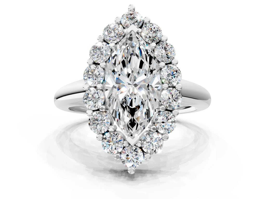 White gold Marquise Halo Cluster Diamond Engagement Ring with Prong Setting and Polished Band_19