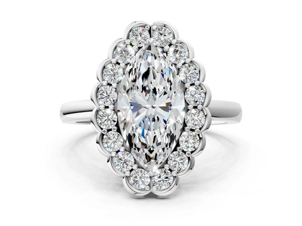 White gold Marquise Halo Cluster Diamond Engagement Ring with Solitaire Band and Prong Setting