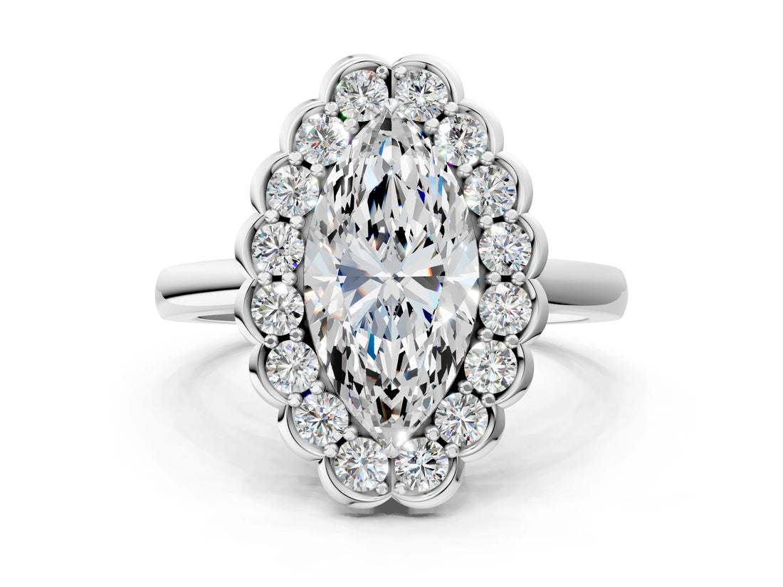 White gold Marquise Halo Cluster Diamond Engagement Ring with Solitaire Band and Prong Setting_49