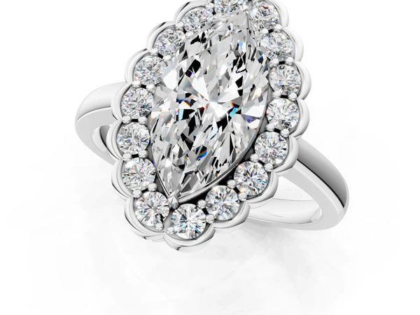 White gold Marquise Halo Cluster Diamond Engagement Ring with Solitaire Band and Prong Setting