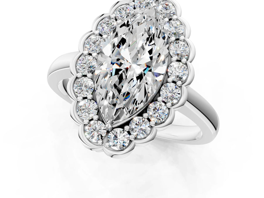 White gold Marquise Halo Cluster Diamond Engagement Ring with Solitaire Band and Prong Setting
