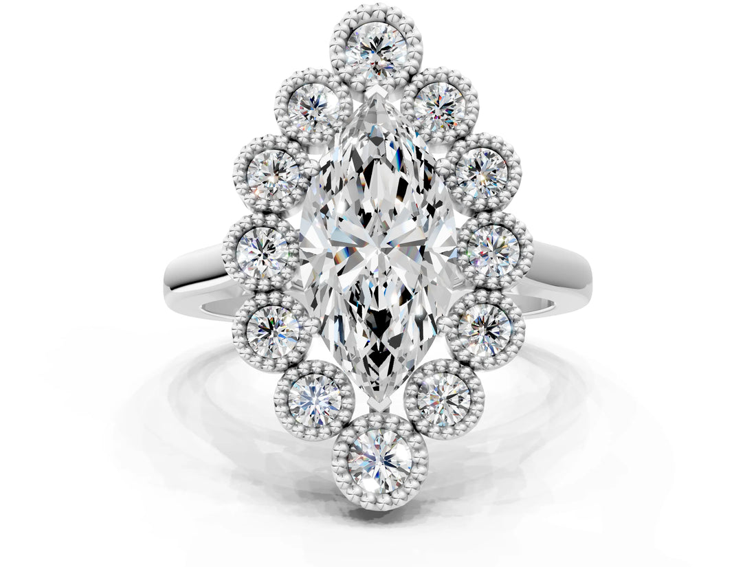 White gold Marquise Halo Diamond Cluster Engagement Ring with Milgrain Bezel Setting and Solitaire Band_26