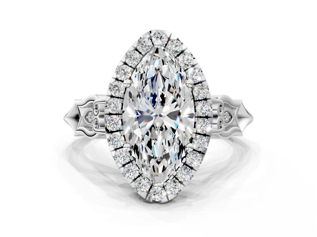 White gold Marquise Halo Diamond Engagement Ring with Filigree Band and Four-Prong Setting_81