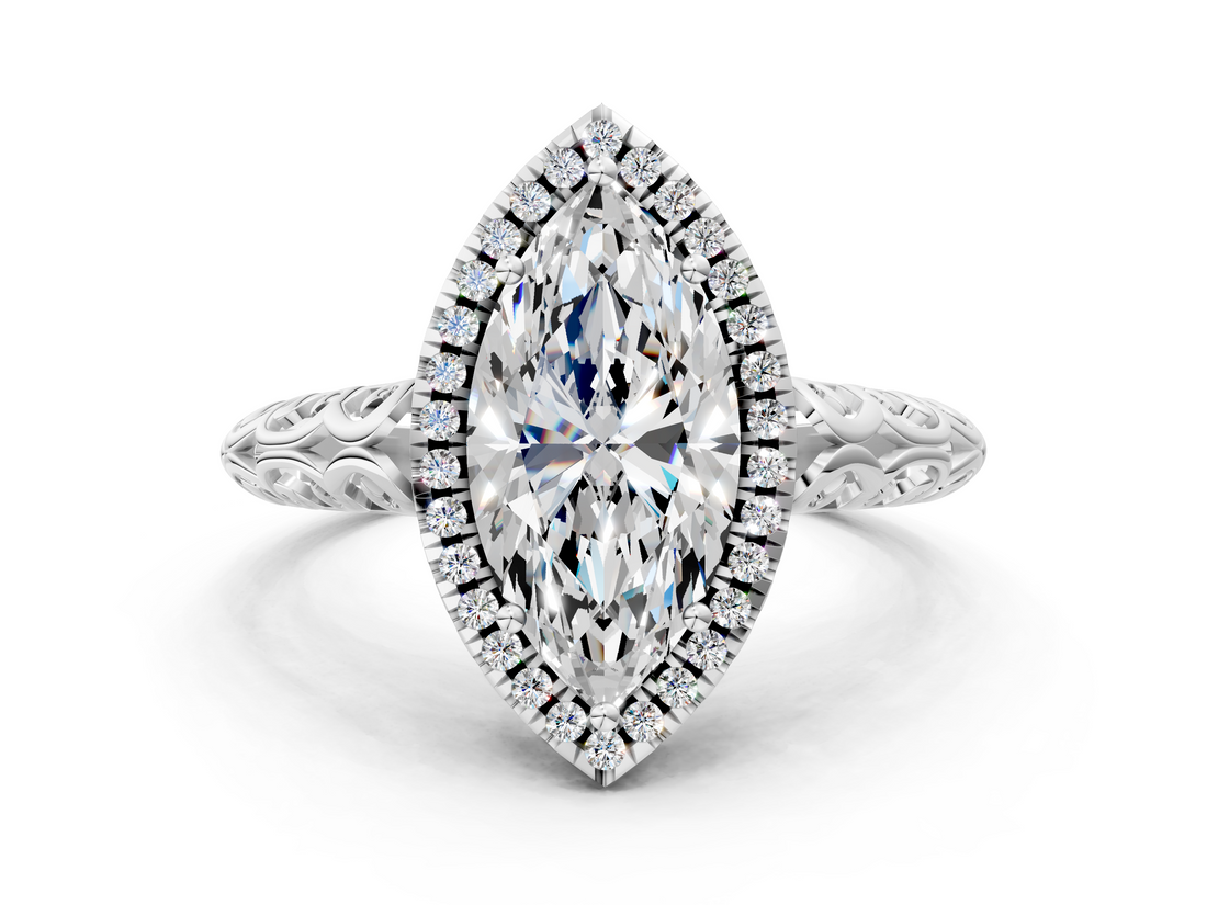 White gold Marquise Halo Diamond Engagement Ring with Intricate Filigree Band and Four-Prong Setting_74