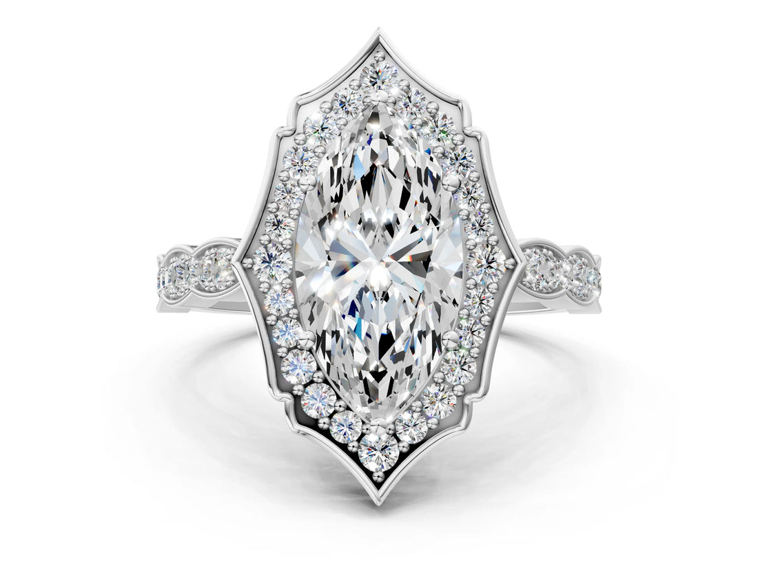 White gold Marquise Halo Diamond Engagement Ring with Milgrain Band and Four-Prong Setting_53