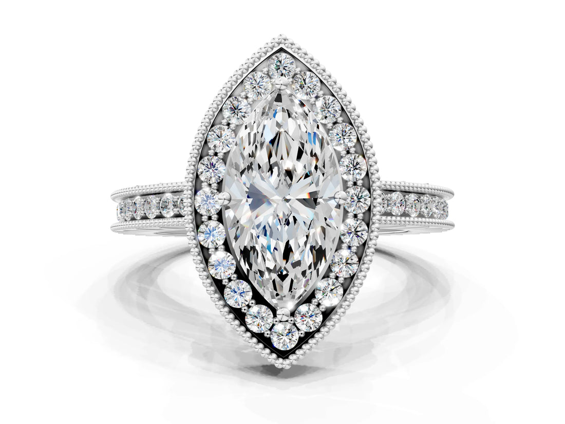 White gold Marquise Halo Diamond Engagement Ring with Milgrain Pave Band and Four-Prong Setting_111