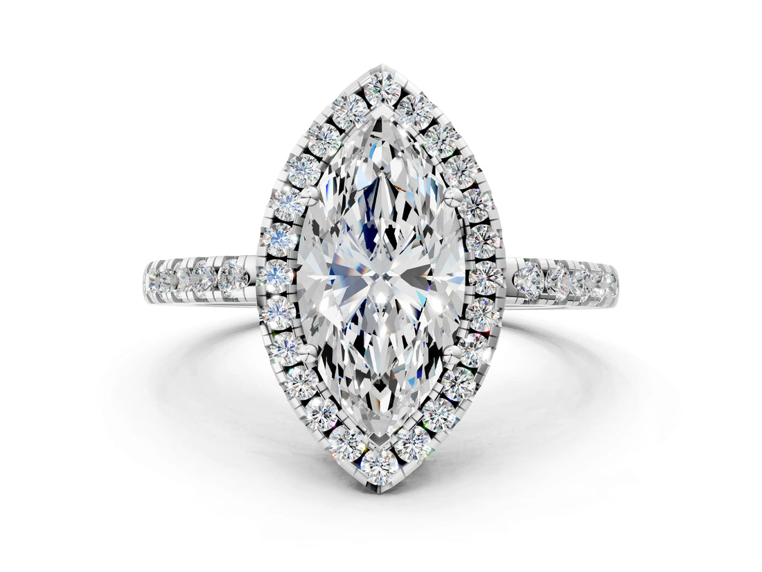 White gold Marquise Halo Diamond Engagement Ring with Pavé Band and Four-Prong Setting_107