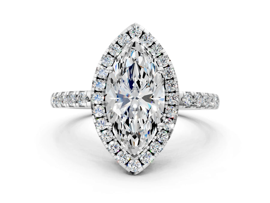 White gold Marquise Halo Diamond Engagement Ring with Pavé Band and Four-Prong Setting