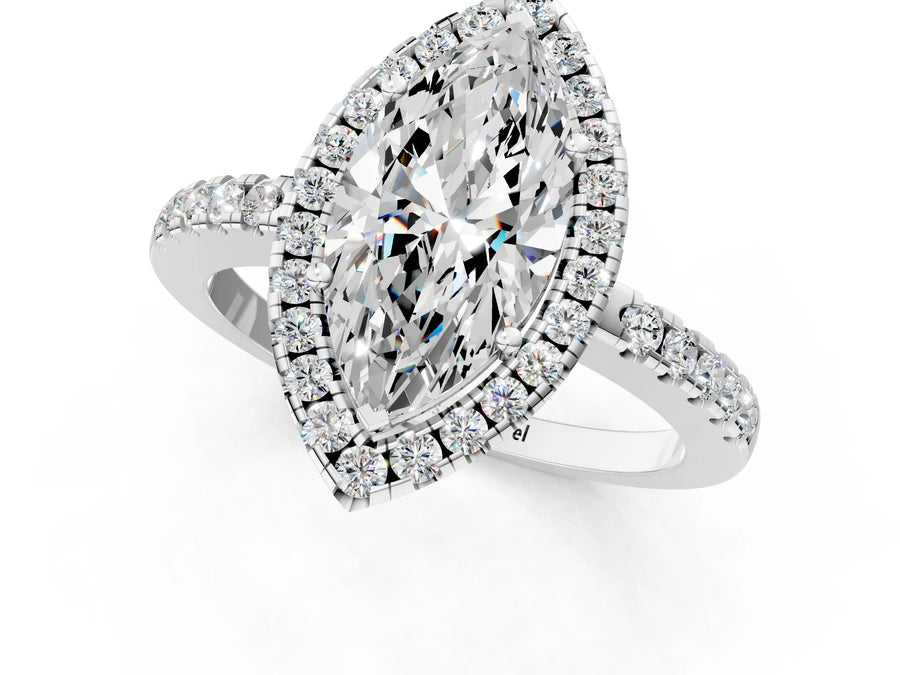 White gold Marquise Halo Diamond Engagement Ring with Pavé Band and Four-Prong Setting