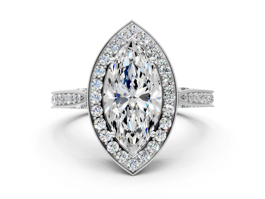 White gold Marquise Halo Diamond Engagement Ring with Split Shank Band and Four-Prong Setting_6