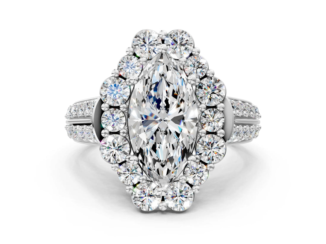 White gold Marquise Halo Diamond Engagement Ring with Split Shank and Prong Setting_66