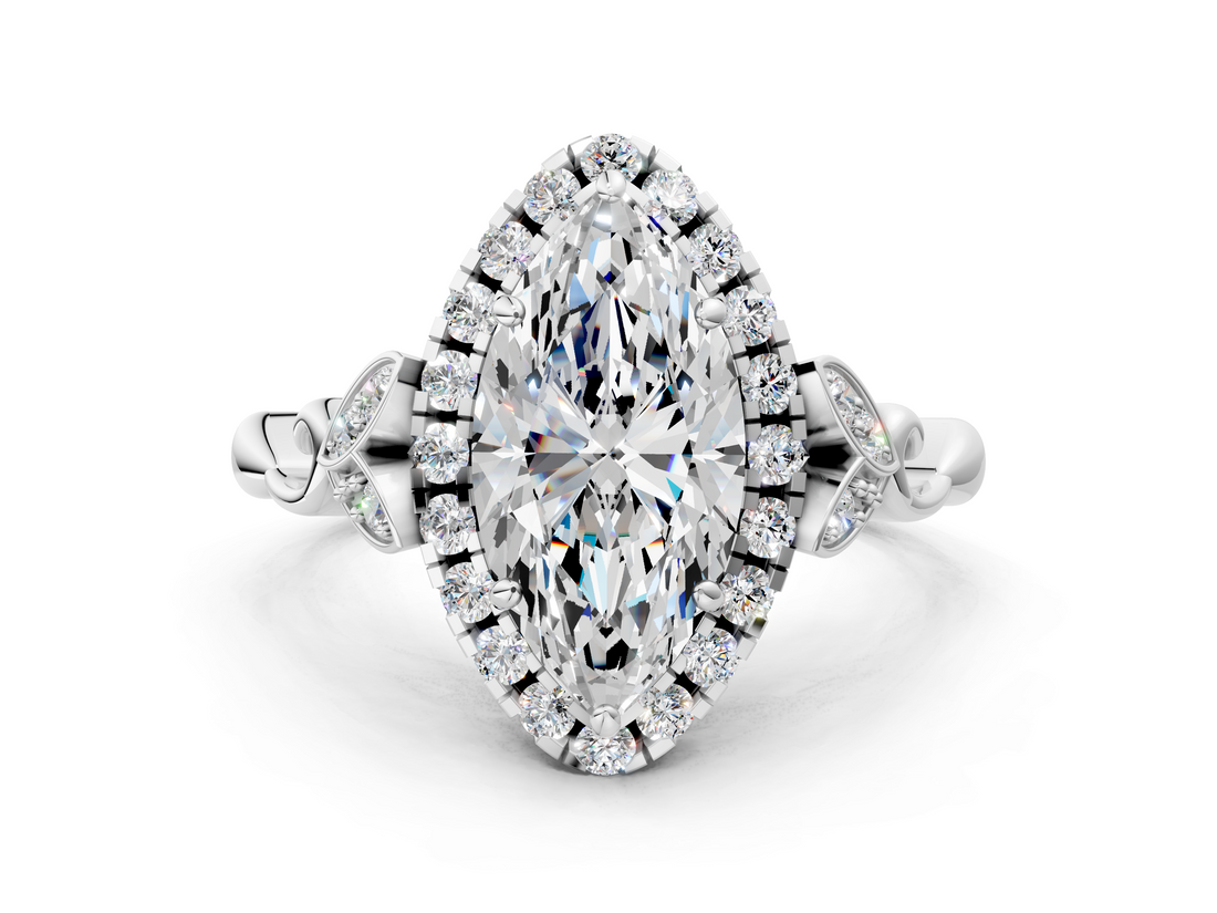 White gold Marquise Halo Diamond Engagement Ring with Vintage-Inspired Band and Four-Prong Setting_3