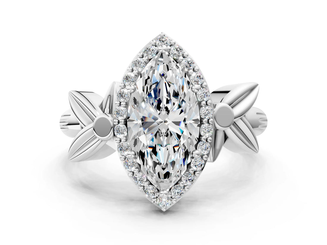 White gold Marquise Halo Diamond Floral Band with Four-Prong Setting_113