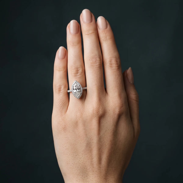 White gold Marquise Halo Diamond Pavé Band Ring with Prong Setting