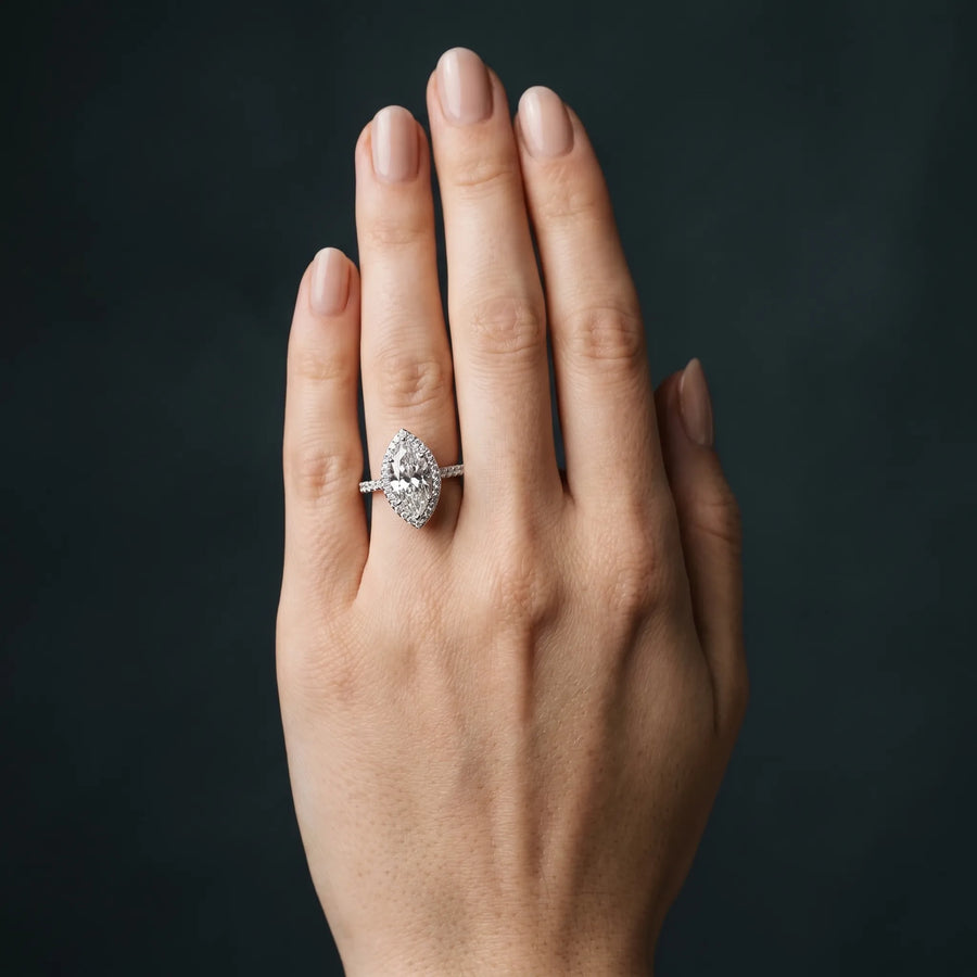 White gold Marquise Halo Diamond Pavé Band Ring with Prong Setting