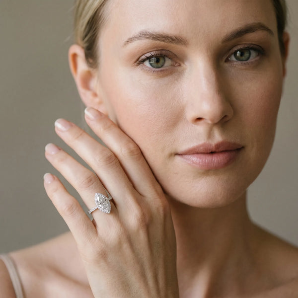 White gold Marquise Halo Diamond Pavé Band Ring with Prong Setting