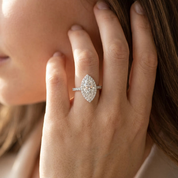 White gold Marquise Halo Diamond Pavé Band Ring with Prong Setting