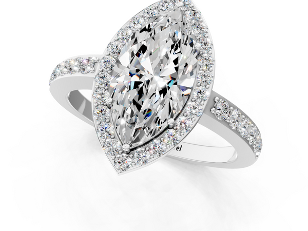 White gold Marquise Halo Diamond Pavé Band Ring with Prong Setting