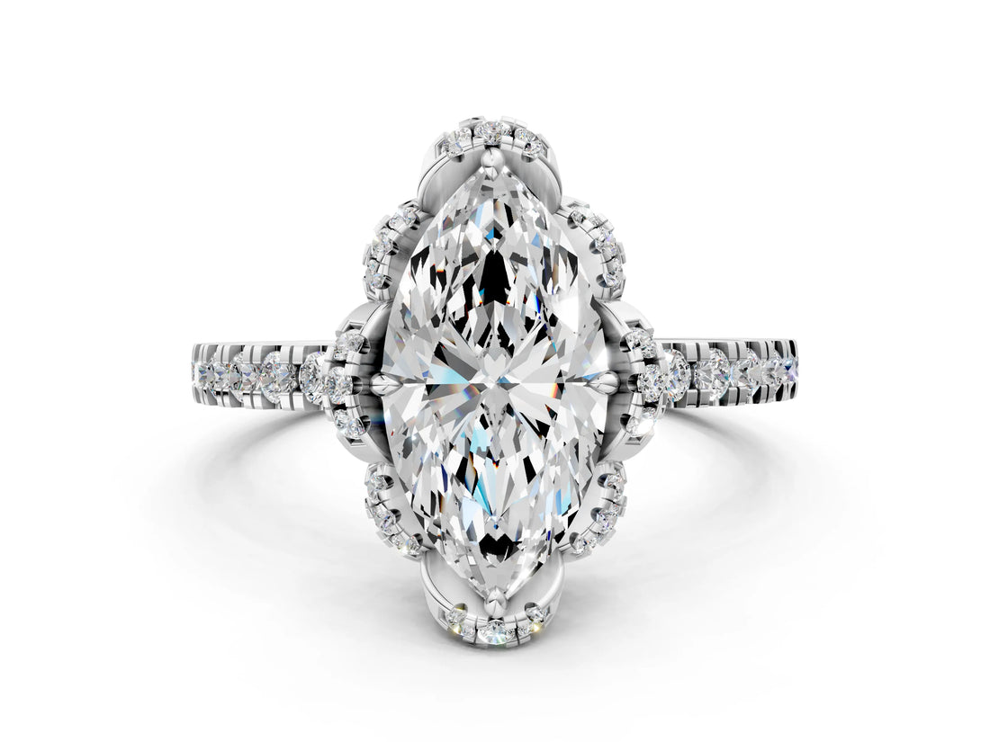 White gold Marquise Halo Diamond Pave Band Ring with Four-Prong Setting_15
