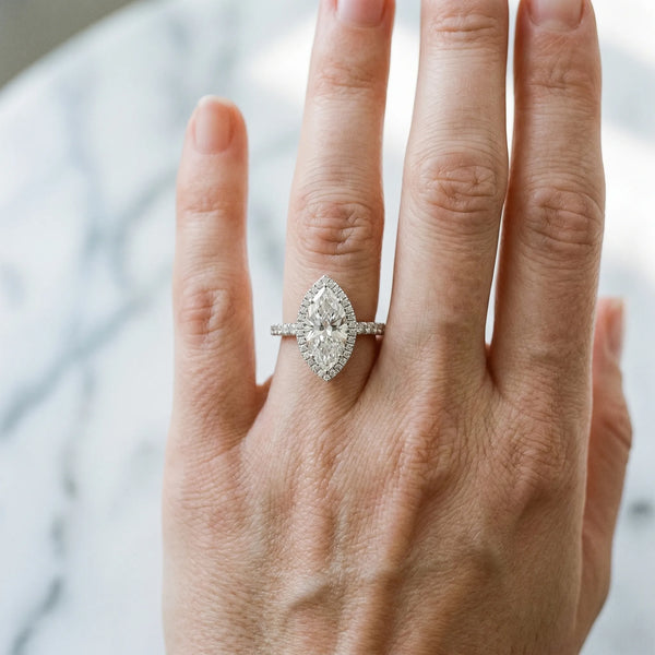 White gold Marquise Halo Diamond Pave Band with Prong Setting