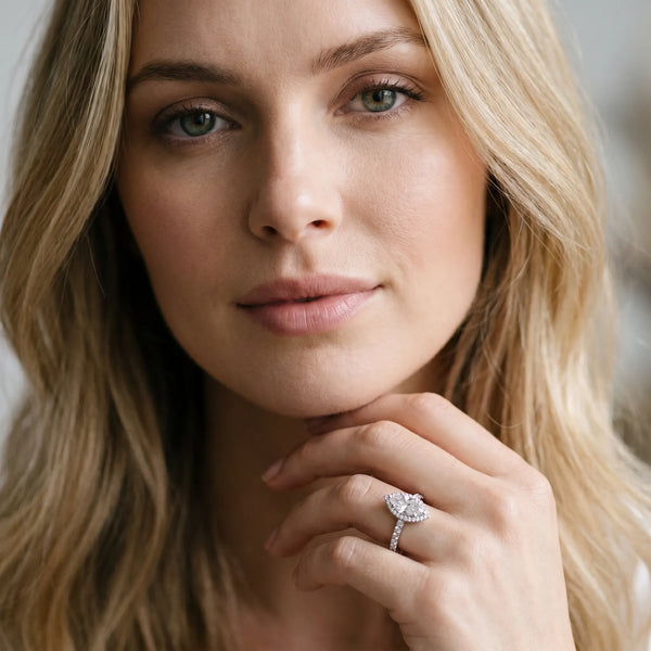 White gold Marquise Halo Diamond Pave Band with Prong Setting