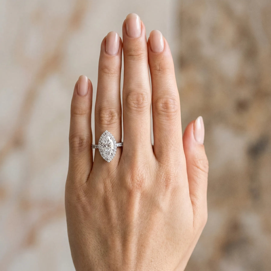 White gold Marquise Halo Diamond Pave Band with Prong Setting