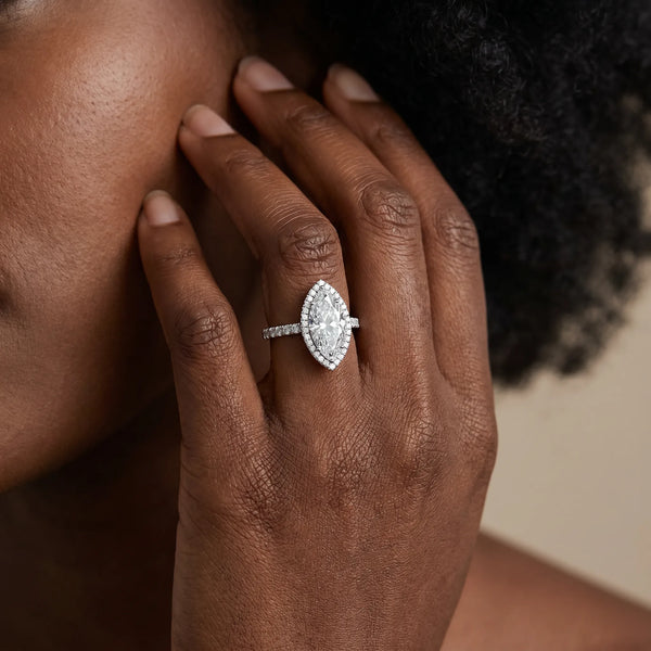 White gold Marquise Halo Diamond Pave Band with Prong Setting