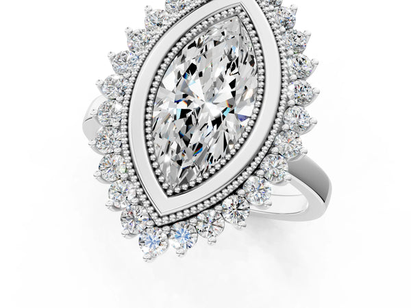 White gold Marquise Halo Diamond Ring with Milgrain Edge and Round Prong Setting